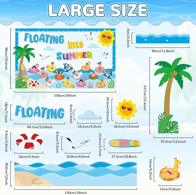 Summer Bulletin Board Classroom Decorations Floating into Summer Paper Cutouts Swim Ring DIY Photo Craft Set Hawaiian Theme Tropical Bulletin Board Borders for Back to School Office Teacher Supplies