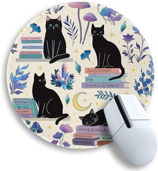 Gctriki Cute Black Cat Mouse Pad, 8.6" Round Funny Mousepad with Stitched Edge & Non-Slip Base, Comfortable Mouse Pads for Computer Laptop, Unique Office Decor & Home Desk Accessories Cat Book Lovers
