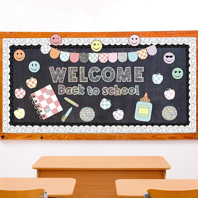 Mooliwe 94pcs Composition Notebook Bulletin Board Welcome Back to School Classroom Bulletin Board Decor Smile Face Stationery Paper Cutout for First Day of School Chalkboard Wall Door(Classic)