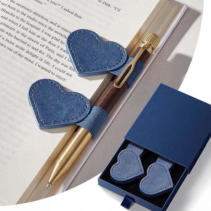 2Pcs Magnetic Leather Bookmarks with Gift Box, Heart-Shaped Magnetic Pen Holder Book Marks Clip Gift for Book Lover Readers Cute Bookmark for Women, Dark Blue