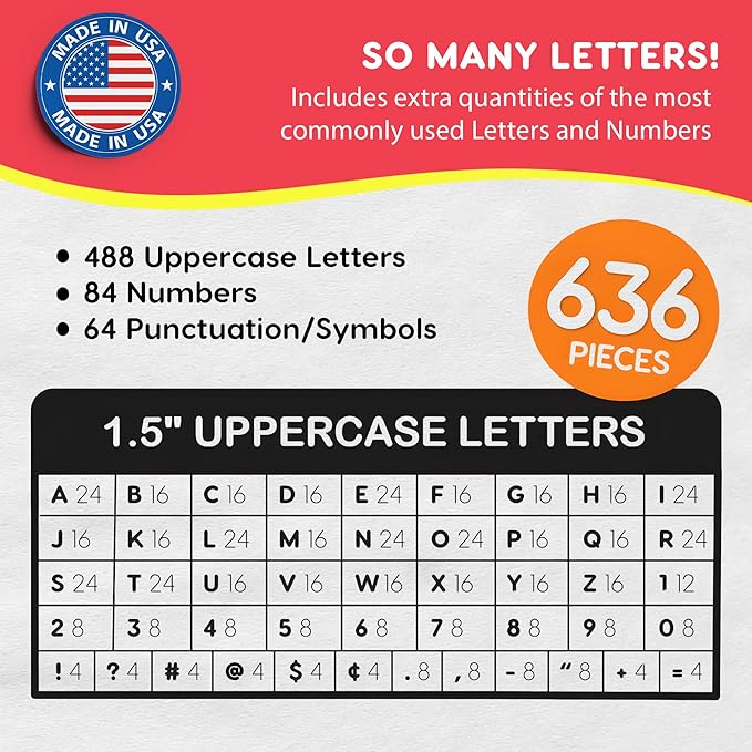 FreshCut Crafts 636 Pcs 1.5 in. Bright Bulletin Board Letters & Numbers, Capital Alphabet Letters, Numbers, Punctuation, US Made Card Stock Punch Outs for Posters, Bulletin Boards, Classroom