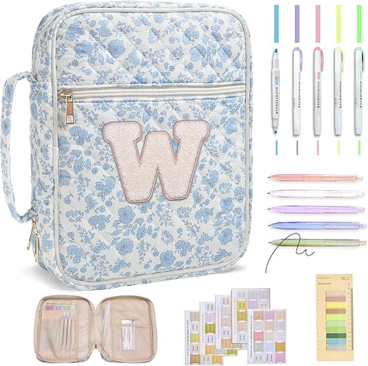 Personalized Initial Bible Cover Case for Women – Large Quilted Bible Bag with Handle, Chenille Letter, Bible Study Kit, Christian Gift for Mom, Grandma & Daughter (Blue Floral-W)