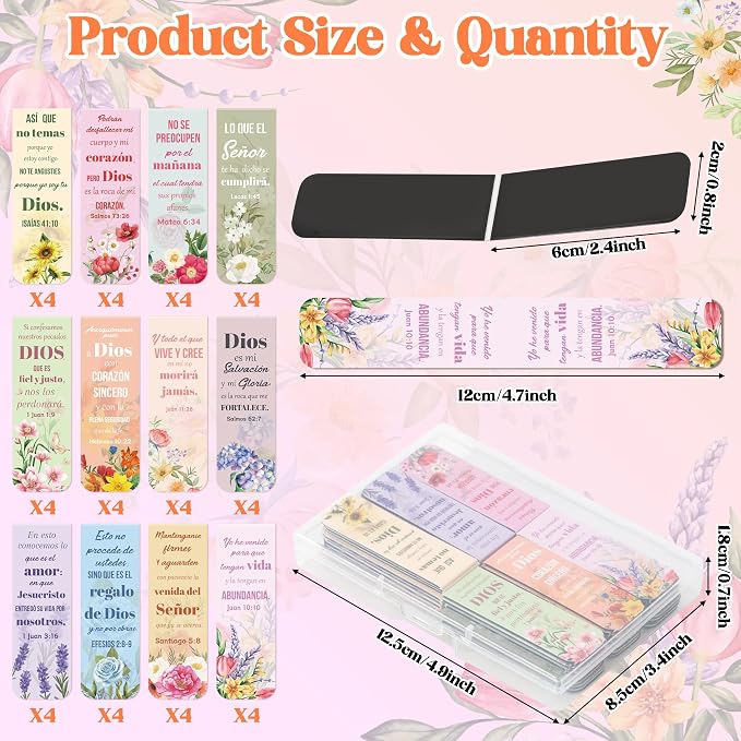Haooryx Spanish Bible Verse Magnetic Bookmark - 48pcs Floral Spanish Scripture Verse Inspirational Magnetic Clip Bookmark Religious Motivational Page Marker Christian Gift Church Christmas Party Favor