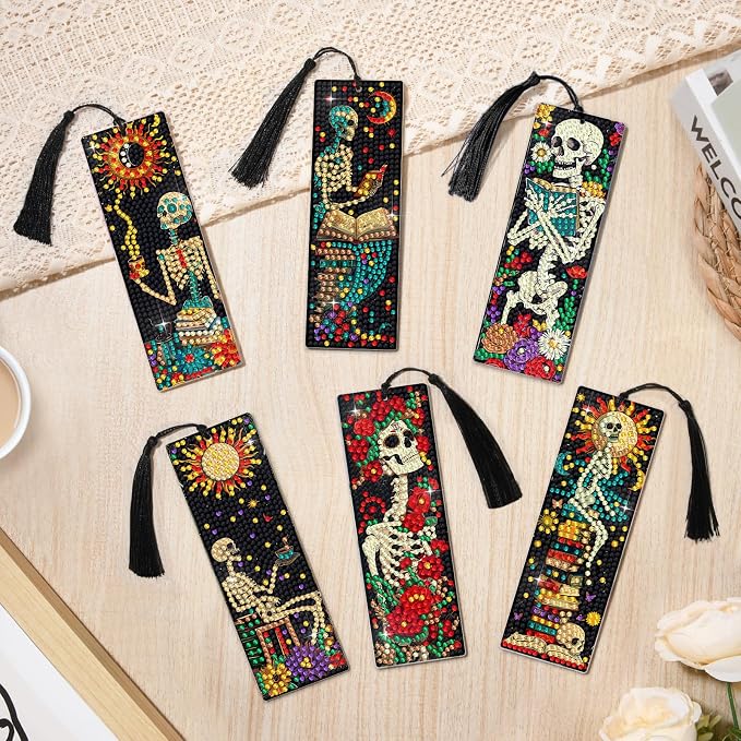 6 PCS Diamond Art Kits Bookmarks Diamond Painting Kit Book Mark, Handmade DIY Skeleton Diamond Art Skull Gem Art Acrylic Tassel Bookmarks for Women Adults, Craft Kits Gift Set for Book Lovers
