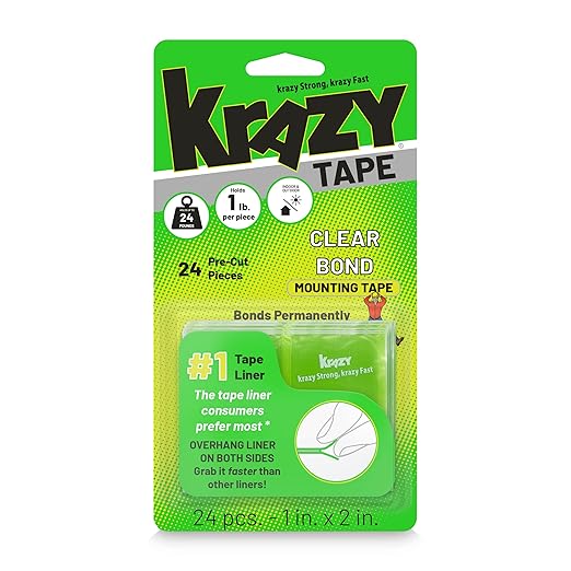 Krazy Tape Clear Bond Double Sided Mounting Tape, 1"x2", Pack of 24 Pre-Cut Pieces, Easy Lift Transparent Adhesive Strips for Glass, Leather, Metal, Drywall & Wood Surfaces, Indoor & Outdoor Use