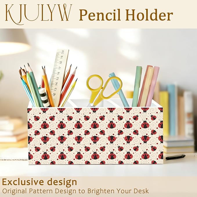 Cute Ladybug Pen Holder for Desk, Ladybug Lover Gifts, Red Lady Bug Decor Wooden Box Pencil Pen Holder Organizer for Home Office Desk Accessories