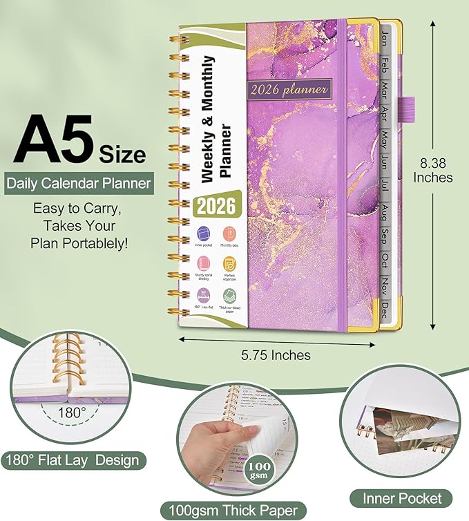 2026 Planner, Hardcover Weekly and Monthly Planner, January 2026 - December 2026, Spiral Yearly Agenda Organizer Book 2026 with Tabs, Daily Calendar Planners for School Work Home, A5 (5.75" x 8.38"), Purple Marble