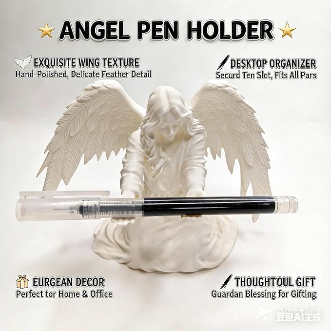 Angel Pen Holder with Hand-Polished Feather Wings, Desktop Organizer, Home & Office Decor, Guardian Gift (White)