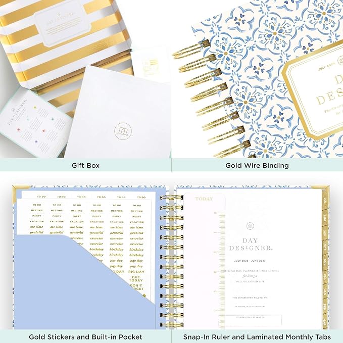 Day Designer 2026-2027 Daily Academic Year Planner Calendar, July 2026 - June 2027, 7.4" x 9.5", Glossy Laminated Cover, Wirebound, Laminated Tabs, Storage Pocket, Includes Stickers & Snap-In Ruler, Casa Bella