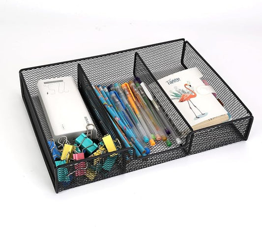 Desk Drawer Organizer, Metal Mesh Small Shallow Drawer Organizers Junk Organizer Tray with 3 Compartments, Pen Pencil Storage Box for Office Supplies Desk Accessories Workspace School Organization