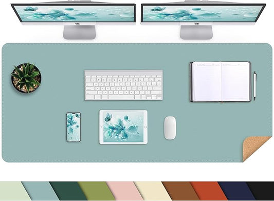 AFIING Leather Desk Pad Protector, 47" x 17" Large Desk Mat with Natural Cork & PU Leather, Mouse Pad, Non-Slip, Waterproof Desk Writing Pad for Office and Home (Light Blue)