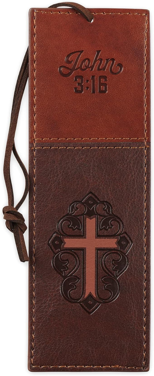 Christian Art Gifts Premium Vegan Faux Leather Scripture Bookmark for Men & Women: Cross - John 3:16 Inspirational Bible Verse, Heat-Debossed, Faith-Based Reading Accessory with Cord, Two-Tone Brown