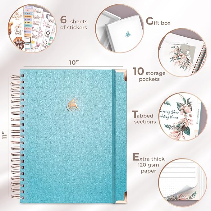 Clever Fox Wedding Planner – Notebook Organizer for Bride – Wedding Planning Binder Book with Pockets – Engagements Gift, 10x11″ (Aquamarine)
