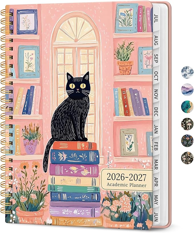 Planner 2026-2027, Academic Monthly and Weekly Calendar Planner for Women, July 2026 - June 2027, Hardcover Pretty Agenda Planner Book with Tabs, Spiral Daily Organizer for School Office Home Supplies, 6.3" x 8.5" - Bookish Kitty