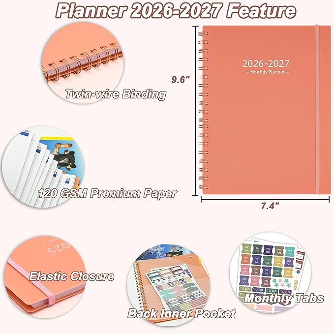2026-2027 Monthly Planner(7.4'' x 9.6''), 18 Months Agenda Planner from Jan 2026-Jun 2027, Calendar 2026 with Pocket, 120GSM Paper, Pink
