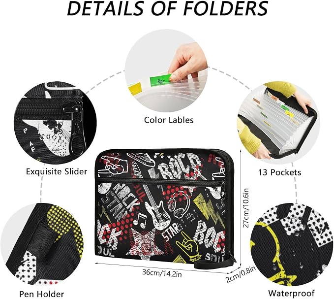 Grunge Rock Music Guitar File Folders,Plastic Folders with 13 Pockets,Expandable File Folder for Documents School Students Office,Aesthetic Folder with Labels A4 Letter Size