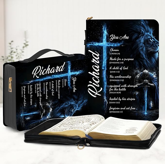 Personalized Man of God Bible Cover for Men, Christian PU Leather Bible Case with Handle Zipper, God Says I Am Warrior Scripture Bible Holder, Religious Gift for Men (Knight Templar)