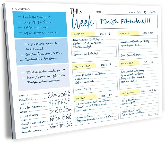 Weekly Planner Pad - Undated Planner - To Do List Notepad - Habit Tracker - 11 x 8.5" - 52 Tear-Off Sheets - Daily Planner Undated for Home Work Office Business - Goal Planner - Cute Planner (Blue)