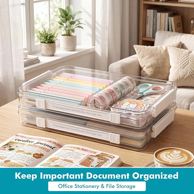 Novabright 3 Pack Clear Plastic File Boxes with Handle Portable Project Case Paper Storage Bin with Lid Transparent Stackable Container Document Magazine Protector for A4 Paper Photo Craft Scrapbook