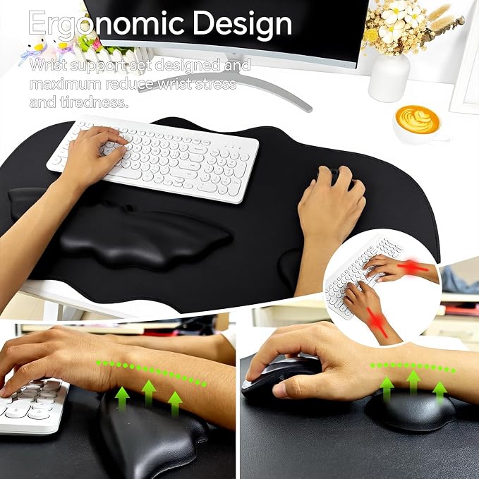Bat Mouse Pad, PU Leather Mousepad, 3 in 1 Keyboard Wrist Rest and Mouse Wrist Rest, Ergonomic Bat Wrist Rest Waterproof Leather Surface, Easy Typing Cushion with Memory Foam for Home Office