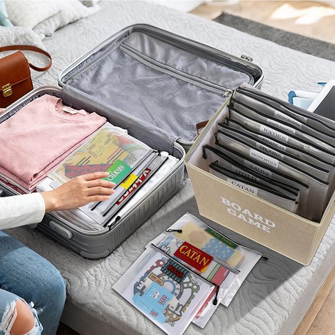 Board Game Storage Kit Include Storage Basket and 10pcs Zipper Bags, Board Game Organizer with Writable Stickers and Dispensing, Suitable for Puzzle, Document (1 Pack-Beige-Large)