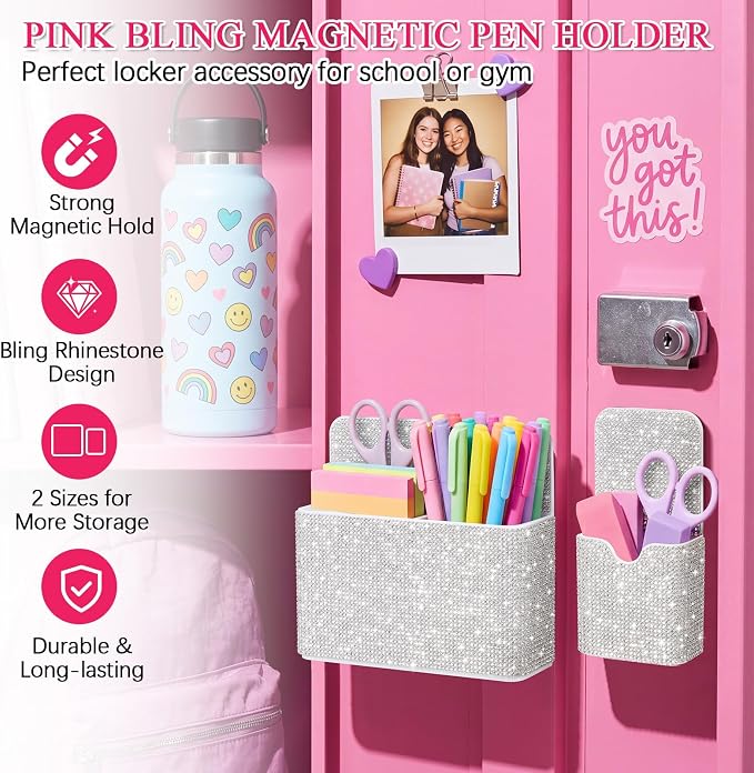 MotiMind 2 Pcs Silver Bling Magnetic Marker Holder Women Girl Locker Accessories Marker Pen Pencil Holder for Refrigerator Whiteboard Sparkly Gift Desk Organizer for School Office (Rhinestone)