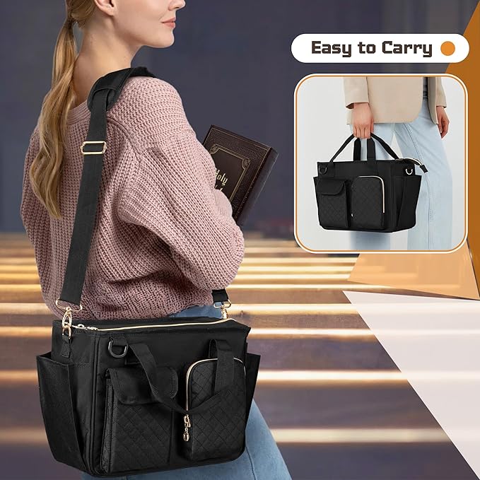 LUXJA Large Bible Bag with Water Bottle Pocket and Shoulder Strap, Bible Tote Bag for Women with Multiple Pockets (Bag Only), Black
