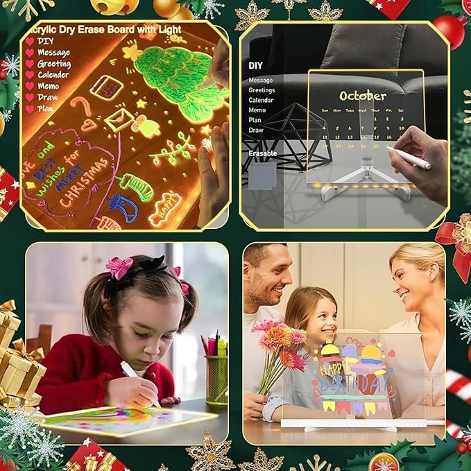 LED Note Board with Colorful Pens, Acrylic Dry Erase Light Up Writing Board, 11.8 x 7.9 Inch, with Stand for Family, Office, School, Bar, Cafe