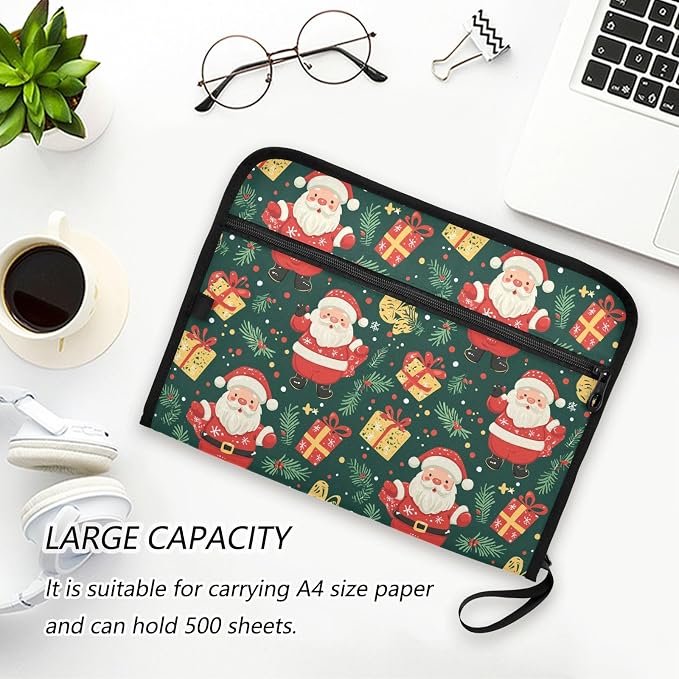 File Folders Santa Claus Gifts and Christmas Green Plastic Folders with 13 Pockets, Expandable File Folder for Documents School Students Office, Aesthetic Folder with Labels A4 Letter Size