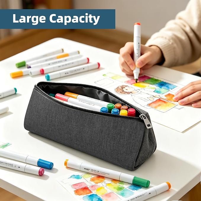 Grey Large Capacity Pen Bag Portable Stationery Pouch Premium Nylon Oxford Cloth Zipper Organizer for Office Business Travel