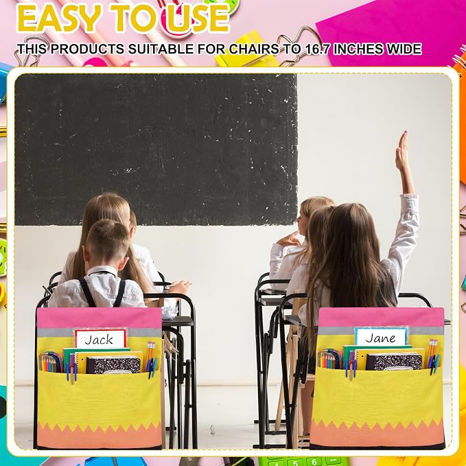 12 Pack Pencil Chair Pockets for Classroom 18.5'' x 19'' Preschool Seat Pockets Kindergarten Pencil Classroom Decor Elementary Back to School Teacher Chair Storage Organizer with Name Slot