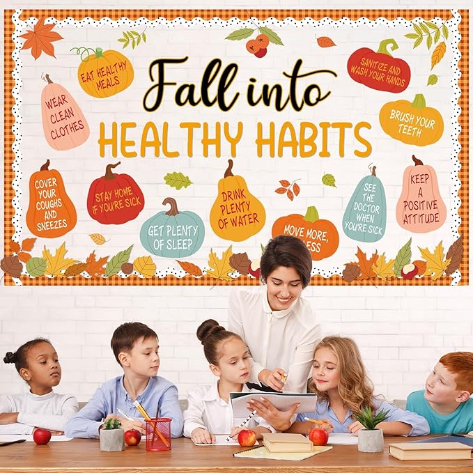 Fall Healthy Bulletin Board Set Fall Into Healthy Habits Bulletin Board Autumn Pumpkin Classroom Paper Cutouts Maple Leaves Poster for Thanksgiving Classroom Teacher Chalkboard Office Wall Door Decor