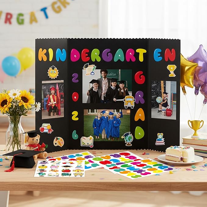 ANGOLIO Kindergarten Graduation Photo Display Board - 4 Sets Graduation Photo Trifold Poster Board with 16 Grad Themed Sticker for 2026 Grad Party Decoration Picture Collage Frame Supplies (24” x 16”)
