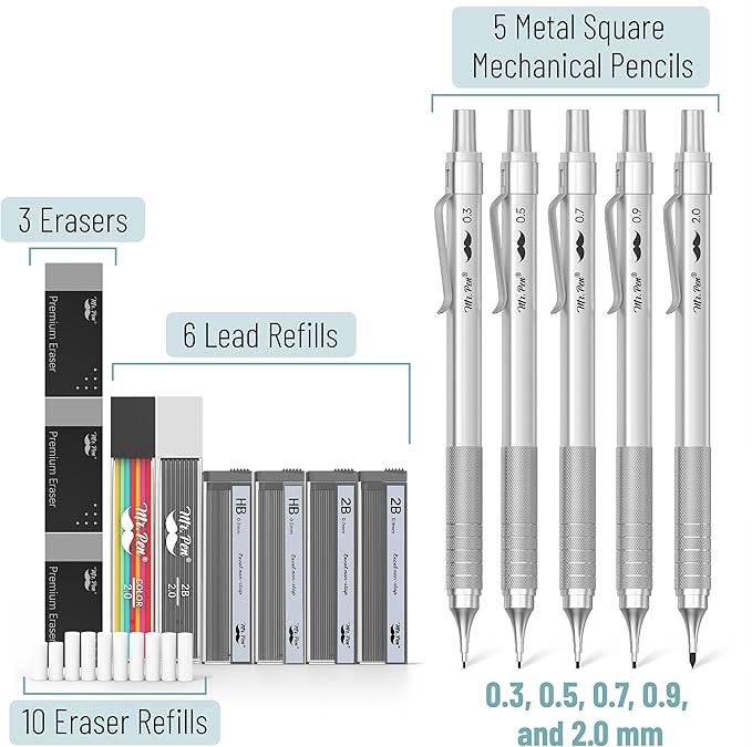Mr. Pen- Professional Metal Mechanical Pencil Set with Lead Refills & Erasers, 5 Pack, 5 Sizes, 0.3, 0.5, 0.7, 0.9 & 2mm, 6x Tubes HB, 2B & Colored Lead Refills for School Supplies, Drawing, Sketching