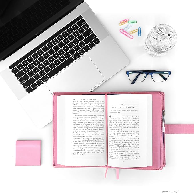 GALILEO® Double AA Big Book Cover & 12 Steps & 12 Traditions | Medallion Holder | AA Gift | Alcoholics Anonymous | PU Leather | AA Book Covers for Hardcover (Plain/Coin Pocket/Pink)