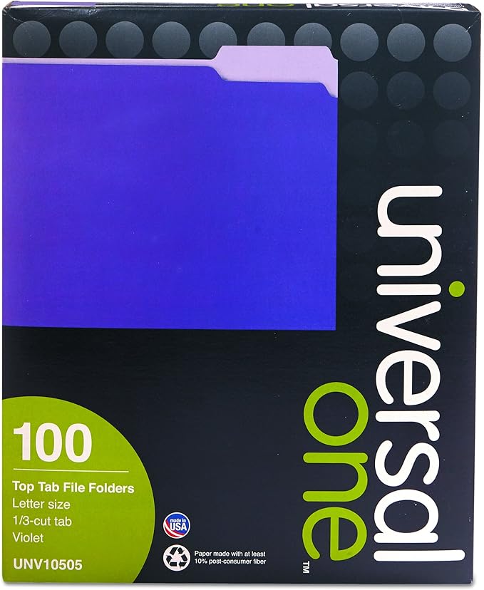 Universal 10505 File Folders, 1/3 Cut One-Ply Top Tab, Letter, Violet/Light Violet (Box of 100)