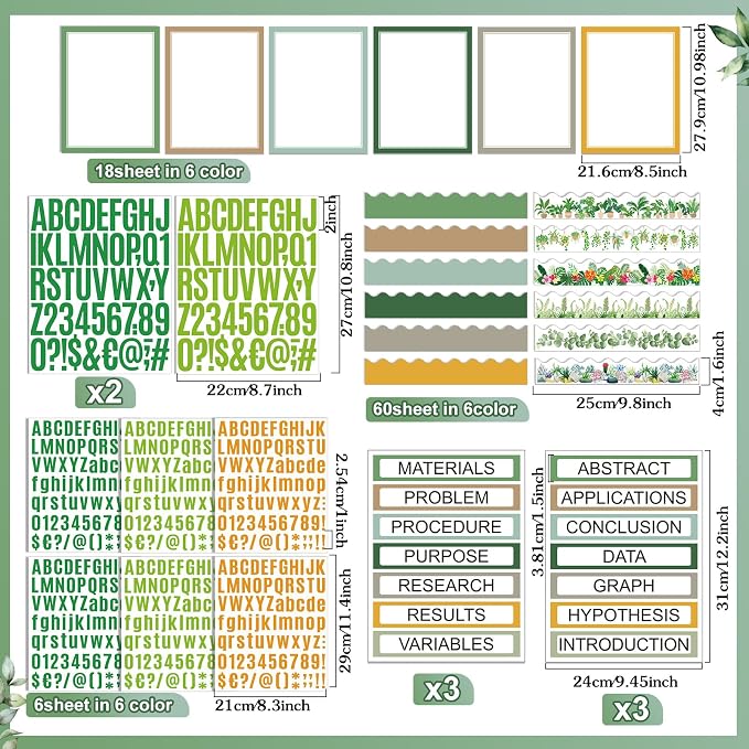 Sinload 92 Pcs Science Fair Board Supplies 60 Trim Scalloped Poster Boards 18 Presentation Subtitles 6 Project Titles 8 Letter Sticker for Classroom Display Boards (Green,Plant)