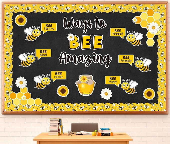 JarThenaAMCS 88Pcs Bee Bulletin Board Decorations Summer Bee Daisy Sunflower Cutouts Inspirational Quotes Name Tags for Back to School Classroom Chalkboard Wall Office Home Decor