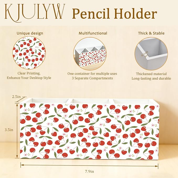 Cute Cherry Pen Holder for Desk, Cherry Gifts for Women, Girly Aesthetic Cherries Floral Wooden Box Pencil Pen Holder Organizer for Home Office Desk Accessories