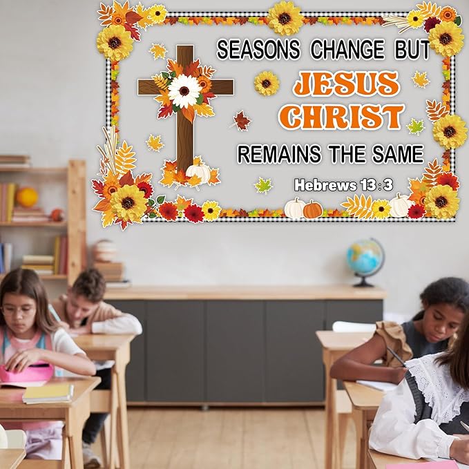 Yiaoyinnz Fall Christian Jesus Classroom Bulletin Board Decorations 3D Sunflower Religious God Bulletin for Fall Autumn Leaves Thanksgiving Harvest Student Teacher Wall Chalkboard Decor Supplies