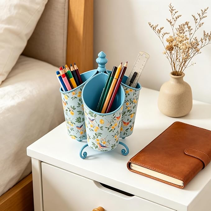 360° Rotating Metal Pen Holder for Desk, Cute Floral Bird Desktop Organizer with Dome Roof, Pencil Cup & Remote Control Holder for Home Office (Blue)