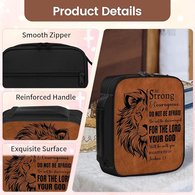 Bible Cover Case for Men - Christian Gifts for Men, Lion Religious Birthday Gifts, Spiritual Inspirational Catholic Gift, Carrying Book Cases for Man, Faith Based Cover Case for Bible, Brown