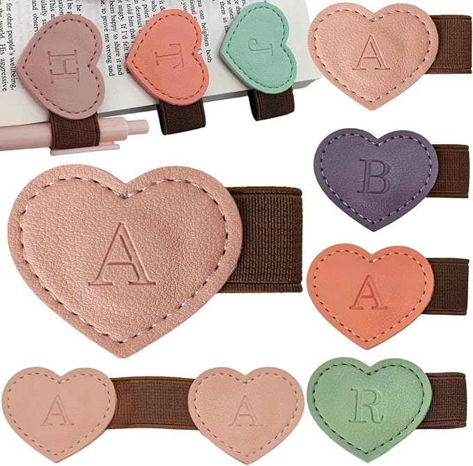 Personalized Magnetic Leather Heart Bookmark with Pen Holder - 26 Letters Custom Book Mark Notebook Pencil Loop with Initial Book Marker for Readers, Book Lovers- Gifts for Women Men(Pink,S)