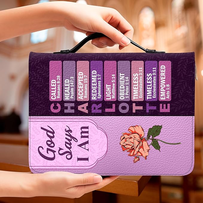 Personalized Man of God Bible Cover, God Says I Am Bible Case PU Leather, Bible Holder Handle Zipper, Faith Scripture with Name Case Bag, Religious Gifts for Church Christians Women Men (GOD-05)