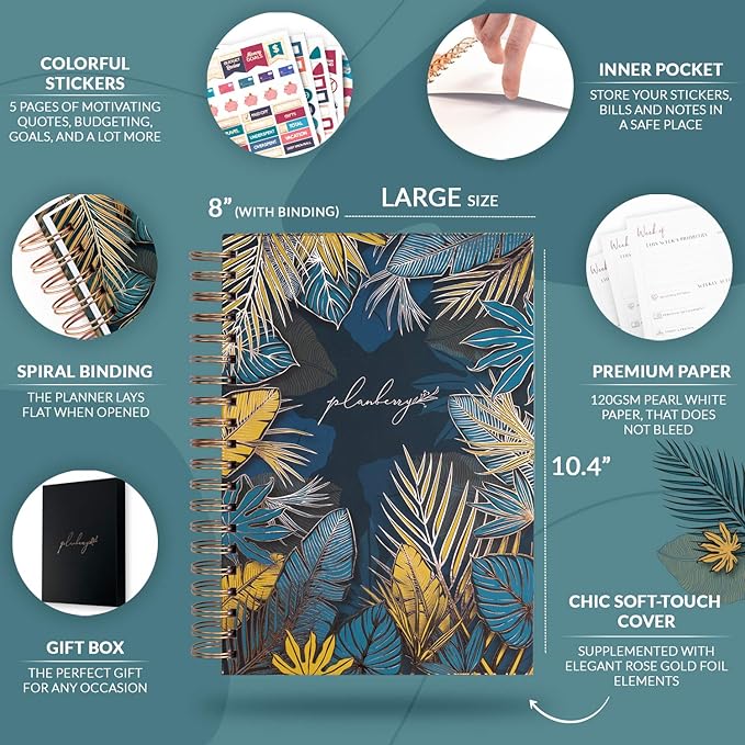 PLANBERRY Large Weekly Planner Premium – Undated Life & Budget Planner – Organizer & Productivity Journal, 8x10.4″ (Tropical Forest)