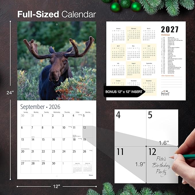 MICASA PRESS Moose 2026 Wall Calendar 12 Month | 12” x 24” Open | Thick & Sturdy Paper | Holiday Gift | Animal Calendar 2026