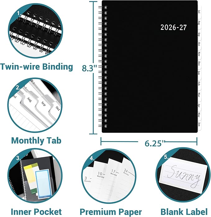 Planner 2026-2027 - Academic Planner 2026-2027, July 2026 - June 2027, 6.3” x 8.4”, Weekly and Monthly Planner, 12 Monthly Tabs, Flexible PP Cover, Inner Pocket, Notes Pages, Holidays - Classical
