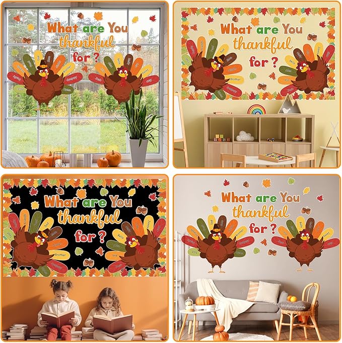 Fall Thanksgiving Turkey Classroom Bulletin Board Decorations We are Thankful Cutouts Autumn Maple Leaves Turkey Bulletin for Fall Harvest Student Teacher Wall Chalkboard Decor Supplies