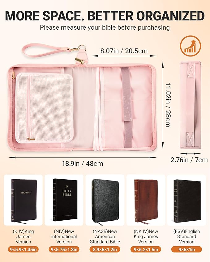 Bible Cover Case for Women, Large PU Leather Bible Bag with Multiple Pockets, Reinforced Handle and Wrist Strap, Zippered Organizer for Bible Study and Church, Gift for Her, Pink