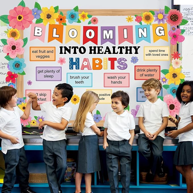 Spring Wildflower Bulletin Board Decorations Set Health Habits Classroom Bulletin Board Border Bloom Colorful Wildflower Decor Floral Paper Cutouts for Back to School Home Wall Chalkboard Supplies